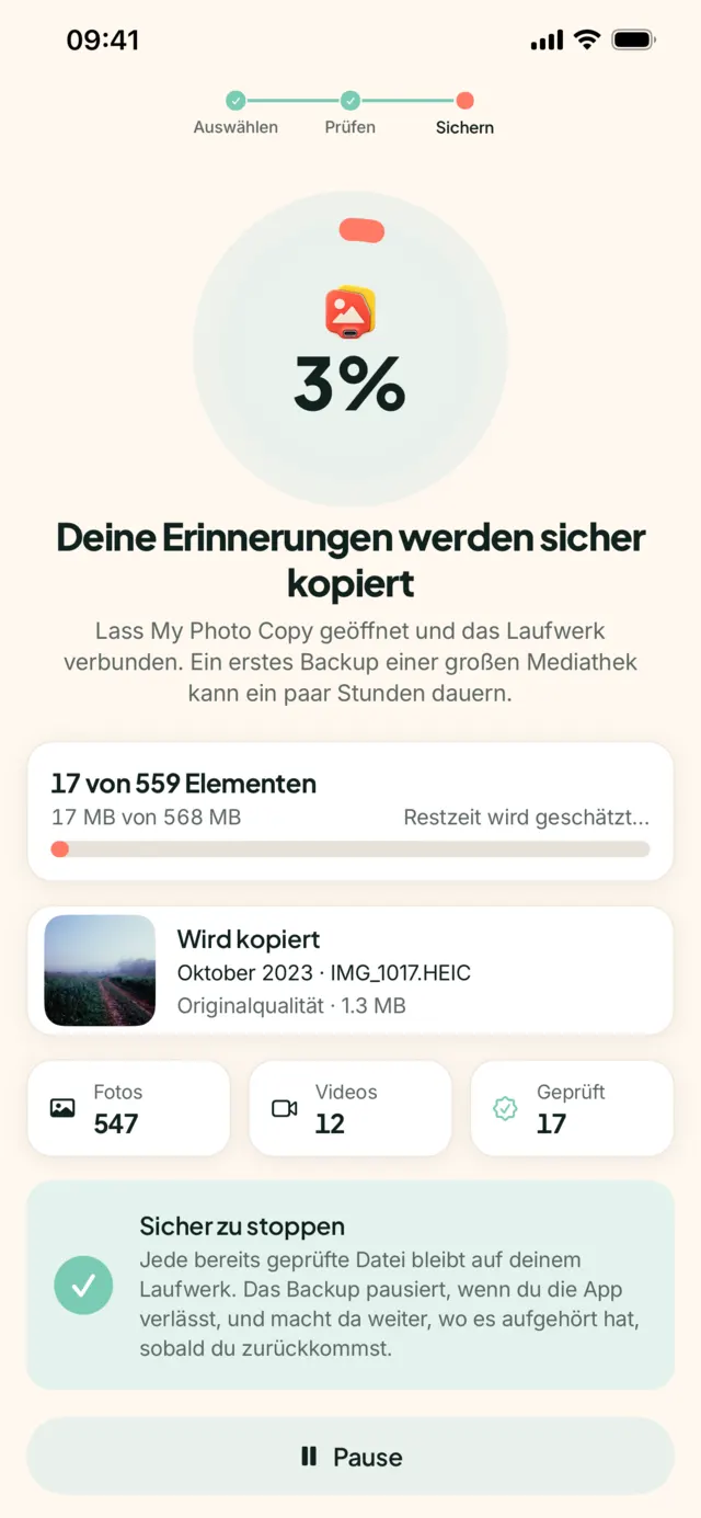 My Photo Copy kopiert auf einen USB-Stick, mit Fortschritt und Zahl der geprüften Dateien