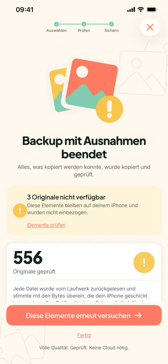Ergebnis in My Photo Copy: geprüfte Originale und Dateien, die nicht kopiert werden konnten