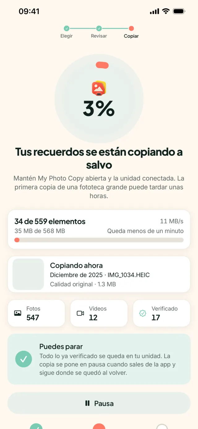 My Photo Copy copiando a una memoria USB, con el progreso y los archivos verificados