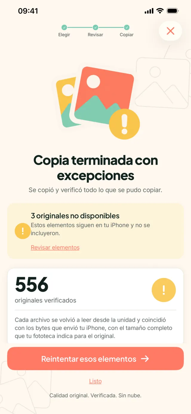 Resultado de My Photo Copy: originales verificados y archivos que no se pudieron copiar