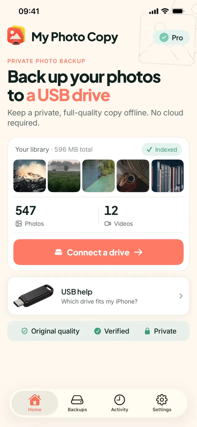 My Photo Copy home screen: your library, 547 photos and 12 videos, Connect a drive
