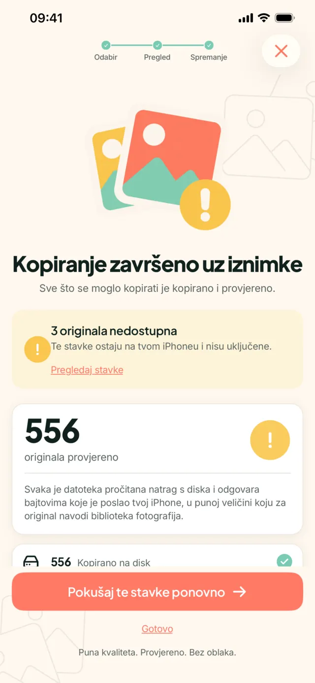 Rezultat u My Photo Copy: provjereni originali i datoteke koje se nisu mogle kopirati