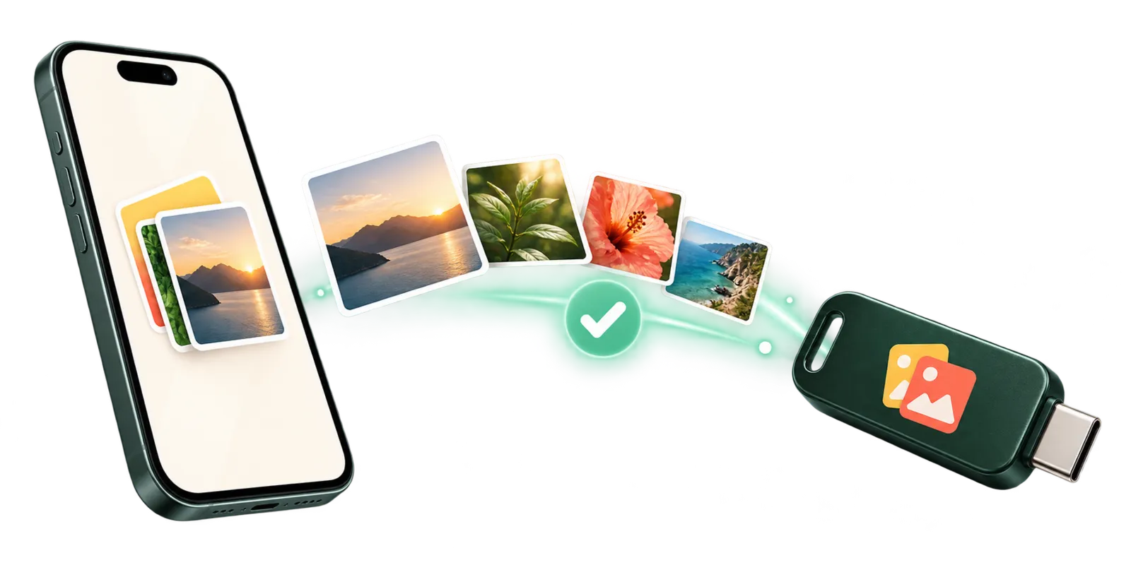 An iPhone sending photos straight into a USB-C stick, with a green check.