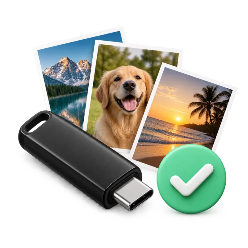 A USB-C stick with family photos and a green check